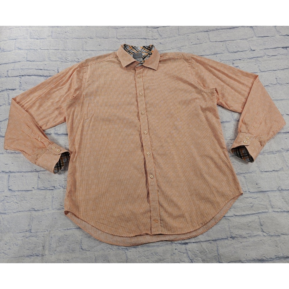 Thomas Dean Pima Cotton Shirt Mens XL Orange White Stripe Dobby Plaid Trim